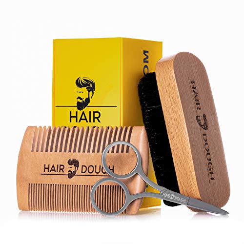 Hair Dough Beard Brush & Comb Grooming Kit For Men | Set Includes Soft Boar Bristle Brush, Bamboo Wide Tooth Comb, and Mustache Trimming Scissors | Straighten & Soften Your Beard - Thumbnail 4