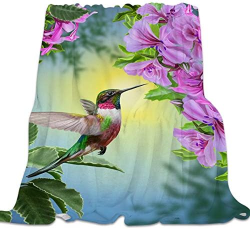 Fantasy Star スーパーウォームフランネルフリースブランケット 紫の花 ハチドリを魅了 ソフト 軽量 フラシ天ブランケット 豪華なふわふわリバーシブルブランケット 49インチ X 59インチ