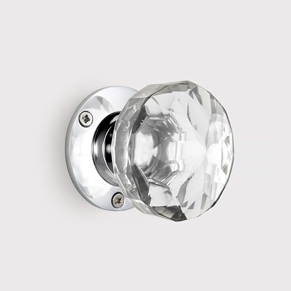 Pair of Crystal Cut Faceted Clear Glass Door Knobs. Large glass turning mortice door handles for