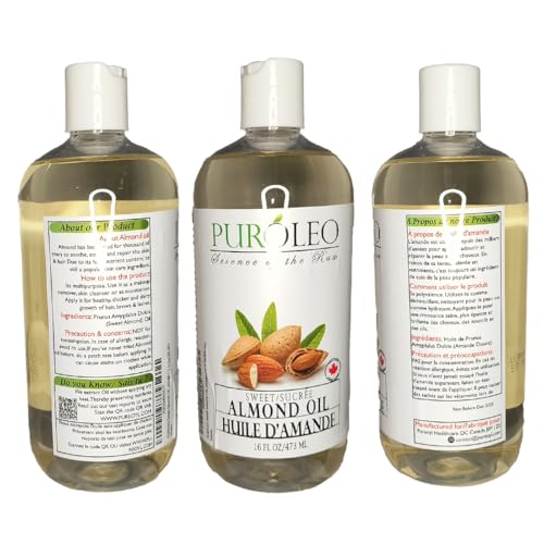 PUROLEO SWEET ALMOND OIL 16 FL OZ/473 ML (PACKED IN CANADA) PURE ALMOND OIL FOR SKIN, HAIR, & BODY | ORGANIC CARRIER OIL & BODY OILS FOR WOMEN | ALMOND BUTTER HAIR OIL, BODY OIL, BABY OIL