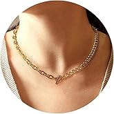 BAMERAL Paperclip Chain Necklace 18K Gold Plated Rope Chain Oval Link Chain Choker Toggle Clasp Short Layering Choker Necklace Jewelry for Women 16''