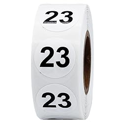 White with Black Number 23 Circle Dot Stickers, 3/4