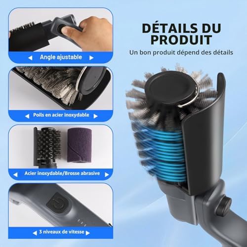 Brosse de nettoyage électrique améliorée pour gril, brosse de nettoyage de gril sans fil rechargeable avec angle réglable, tête de brosse en acier inoxydable, puissance à 3 vitesses, autonomie de 90