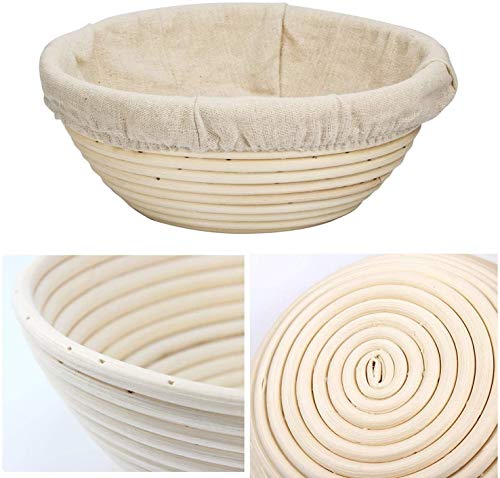 VOLADOR 9 inch Bread Proofing Banneton, Round Dough Bowl Proving Rattan Baskets for Sourdough with Linen Liner & Scraper & Razor Blades & Stencils