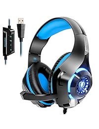 Beexcellent - Auriculares de diadema con USB, sonido envolvente 7.1, auriculares de PC con cancelación de ruido, control de volumen, luz LED para PC, Mac, portátil