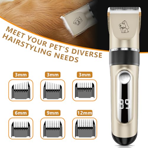Professional Dog Clipper Waterproof IPX7 Silent LED Display | Cordless Pet Clipper, USB Rechargeable, 6 Guide Combs, Ceramic Blade Adjustable in Size