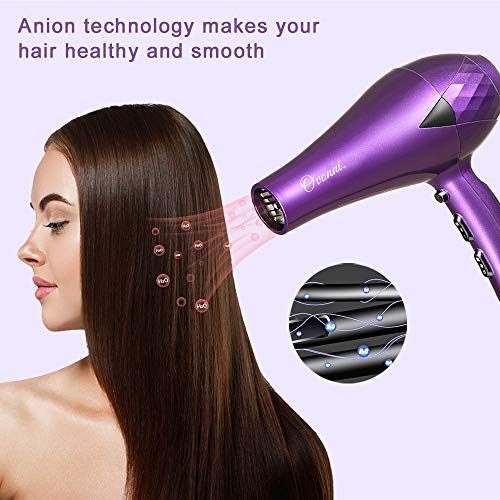 Ovonni Ionic Blow Dryer with Bonnet Hood, Pro 1875W Negative Ion Ceramic Tourmaline AC Moter Hair Dryer, 2 Speed/3 Heat Settings Cool Shot Long Life Styler Dryer with Concentrator/Nozzle (Purple)