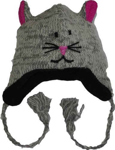 Revive Online Big Girls' Nepal Animal Hat Wool Hand Made Mouse One Size Grey