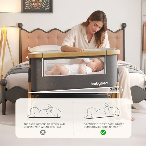 Jimberbay Baby Bassinet, 4 in 1 Bedside Cribs with 4D Air Fiber Mattress & Mosquito Net, Waterproof Mattress Bedside Sleeper Baby Cot with Height Adjustment & Storage Basket, Light Grey