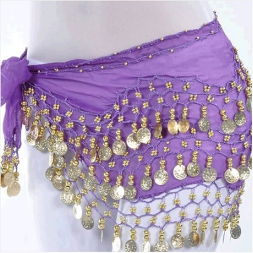 OPCC Belly Dance Hip Skirt Scarf Wrap Belt costume with Rows Gold Coins (purple)