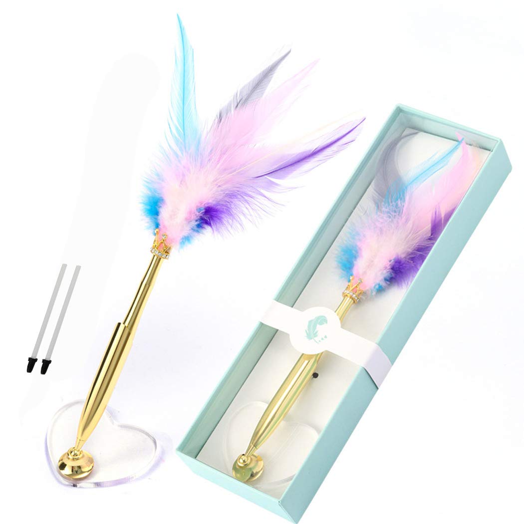 SIPLIV Feather Pen Rollerball Pen with Heart-shape Decorative Base Holder Black Ink Ballpoint Quill Pen Add an Elegant Touch to Weddings, Opening, Special Events and More, Colorful