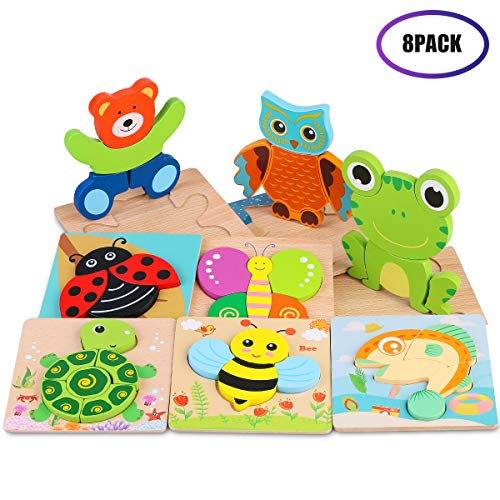 VSATEN Toddlers 3D Wooden Jigsaw Puzzles, Early Education Learning Toys Gifts Outdoor Indoor Toy with 8 Colorful Animals Patterns Safe Bright Shapes for Girls Boys 1 2 3 Years Old Kids (8 Packs)