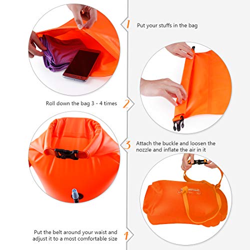20L Waterproof Dry Bag, Ultralight Swim Buoy and Safety Float for Open Water Triathletes, Kayak, Snorkeling,Surfers, Beach, Swimming, Boating with Adjustable Waist Belt (Orange) - Thumbnail 4