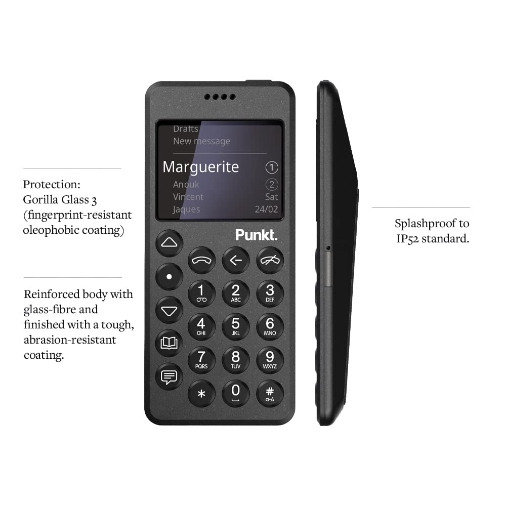 Punkt. MP02 4G LTE Minimalist Mobile Phone - Unlocked Cell Phone with Nano-SIM, Wi-Fi Hotspot, 2GB RAM+16GB Storage, Bluetooth, Digital Security, Multiband - Black