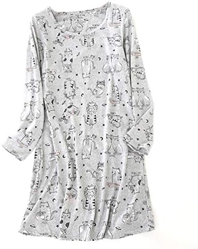 ENJOYNIGHT Women's Cotton Sleepwear Long Sleeves Nightgown Print Tee Sleep Dress