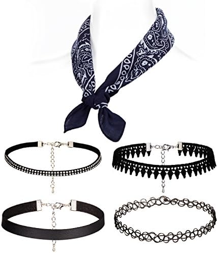 Leather Chain Necklace for Girls Lace Choker Tassel Tattoo Necklace With Silk Scarf