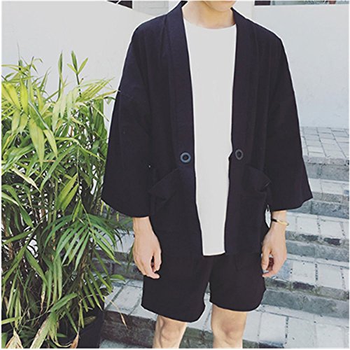 Men Japanese Yukata Coat Kimono Cardigan Outwear Cotton Vintage Loose Top Black
