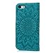 MOLLYCOOCLE iPhone SE 5S 5 Case, Wallet Case Embossed Sunflower Blue PU Leather Kickstand Magnetic Flip Folio Card Holders Slots Hand Strap Cover Case for iPhone SE 5S S