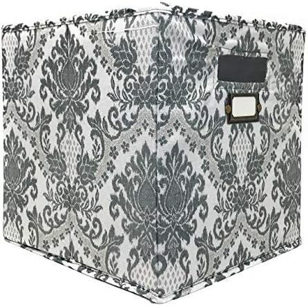 Clever Home Fabric Storage Cube Collapsible 10.5 x 10.5 x 11 in. with Handles and Metal Label Holder (Gray and Off White Damask)