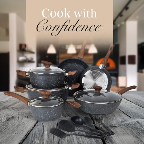 Non Stick Pots and Pans Set – Induction Hob Pots Set – 15pcs Kitchen Cookware with Lids – Cooking Marble Saucepan Pots - by Nuovva