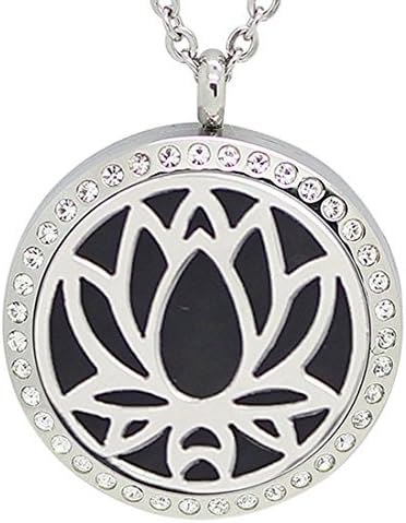 Jinney Womens Essentail Oil Locket Aromatherapy Romatic Stainless-steel Czech Crystals Pendant Necklaces, Silver, 30 mm, Lotus Pattern