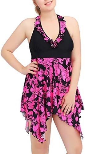 FOLWEP Women's 2 Piece Plus Size Bathing Suit Halter Tankinis Floral Swimsuit 6XL Black&amp;Print