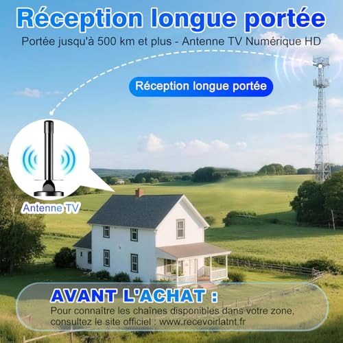 Antenne TV Intérieure TNT HD Amplificateur Signal Gain Élevé VHF/UHF Base Magnétique Réception 360° Compatible DVB-T2 Smart TV 4K Full HD 1080P Câble Coaxial 5m Anti-Interférences 4G/5G