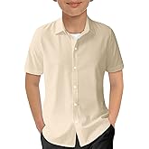 ZDC Boys Button Down Shirts Kids Summer Short Sleeve Uniform Blouse Beach Vacation Tops 5-14 Years