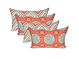 Set of 4 Indoor / Outdoor Decorative Lumbar / Rectangle Pillows - 2 Bright Colorful Watermelon Chevron & 2 Coral Turquoise Sundial