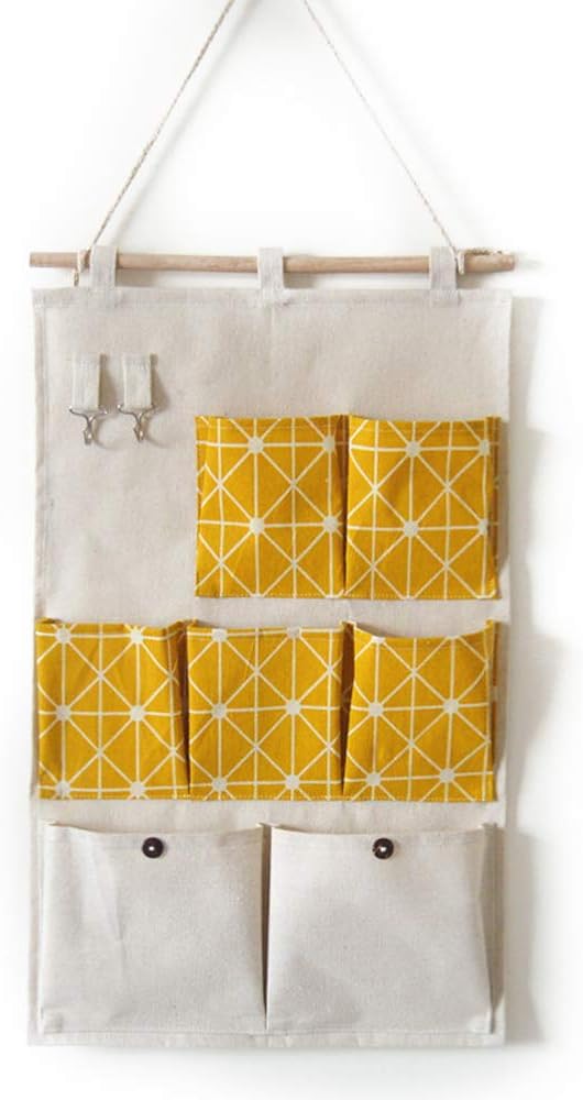 Anzirose Linen/Cotton Fabric Wall Door Hanging Storage Case Organizer Pockets Multipurpose with 7 Pockets 2 Key hooks Yellow