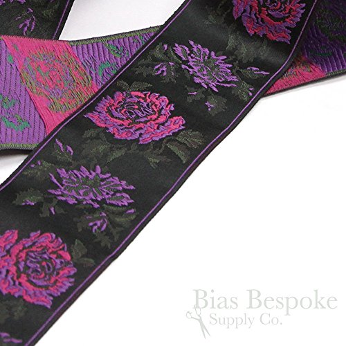 Black and Fuchsia Wide Jacquard Rose Trim, Made in Italy, Sold by the Yard