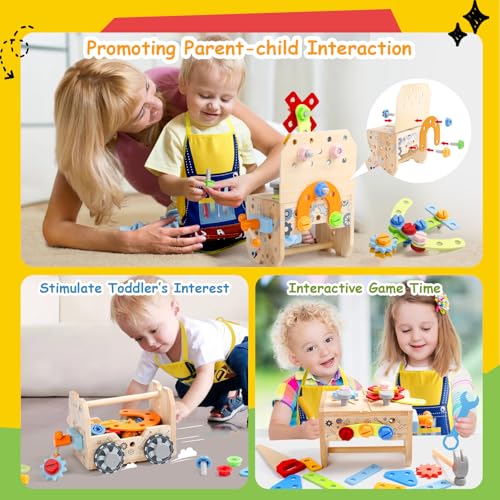 Wooden Car Tools Box, 39 Pieces Construction Games with Children's Apron, Tools Car Toys Children 2 Years Montessori Educational Games, Gift Boy Girls 2 3 4 Years