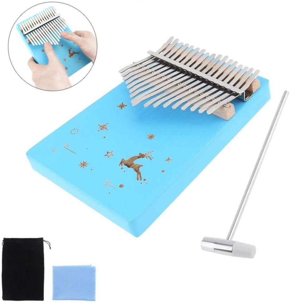 NDFDG 17 Keys Thumb Piano Kalimba Blue Reindeer Snow Pattern Solid Single Board Pine Mbira Keyboard Musical Instrument with Hammer