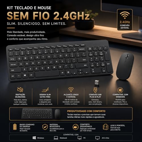 Kit Teclado e Mouse Sem Fio 2.4GHz Slim Ultra Fino, Conexão USB, Alcance Longo, Silencioso, Compatível com Windows, Notebook e PC
