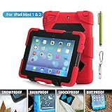 ipad mini Case,Aceguarder Apple Ipad Mini 1&2&3 Case Waterproof Rainproof Shockproof Kids Proof Case for Ipad Mini 2 Mini 1&2(gifts Outdoor Carabiner + Whistle + Handwritten Touch Pen) (RED-BLACK)