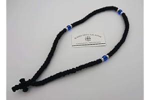 MASTIC OF CHIOS Blessed Handmade 100 Knots Prayer Rope Greek Russian Komboskoini Christian Orthodox Black with Blue Beads and Black Cross from Mt Athos