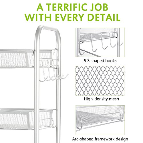 Cozzine 5 Tier Wire Mesh Shelf Rack Utility Rolling Cart with Wheels, Kitchen Bathroom Storage Organizer Cart Shelves with 5 Side Hook Racks - Thumbnail 2
