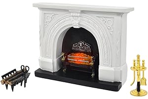 iLAND Dollhouse Furniture and Accessories of Dollhouse Fireplace on 1/12 Scale w/Fire Light & Firewood Rack & Fireplace Tool Kit (Neoclassical 4pcs)