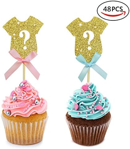 Set of 48pcs Gold Gender Reveal Cupcake Toppers Party Supplies Decorations Baby Cloth Onesie Jumpsuit Question Cupcake Toppers for Gender Reveal Baby Shower Party