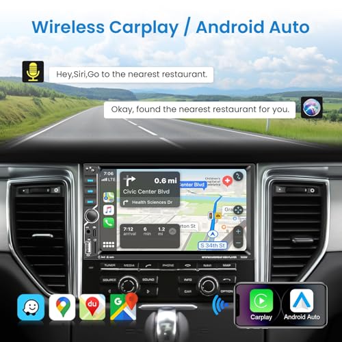VECHTEL 2 Din Car Radio with Carplay Android Wireless Car, 7 Inch Touch Screen Bluetooth Stereo Car Radio FM Type-C/USB/TF/AUX Mirror Link SWC MIC Rear Camera Remote Control