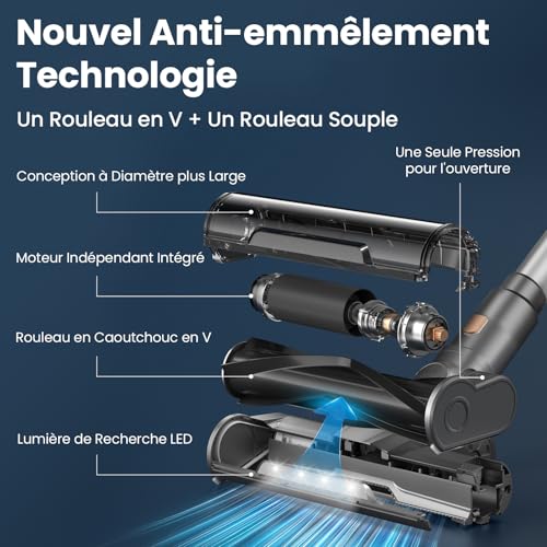 Aspirateur sans Fil, 400W 45KPa Aspirateur Balai sans Fil Puissant, 55Min Autonomie, Brosse Anti-emmêlement, Batterie Amovible, Aspirateur sans Sac avec Écran LED pour Tapis Poils d'animaux Sol Dur