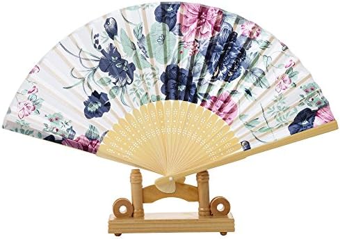 vvljproducts Beautiful Folding Bamboo Hand Fan With Wooden Base Vintage Flower Pattern Handheld Women's Accessory Home Office Decor