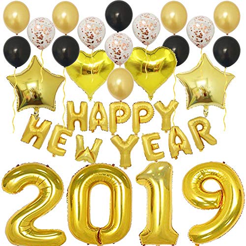 Large Gold 2019 Happy New Year Balloons-Happy New Year Banner Decoration,Rose Gold Confetti Latex Balloons for Prom, Home,Office,Senior Graduation,New Year Eve Party Supplies as Photo Booth Backdrops