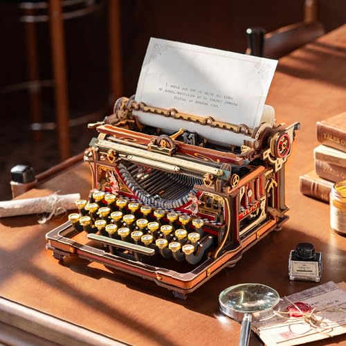 ROBOTIME Fairytale Wooden 3D Puzzle Writing Machine - Building Adult Model Kit, Mechanical Toy, Retro Office Decoration & Elegant Gift, LK703C (Orange)