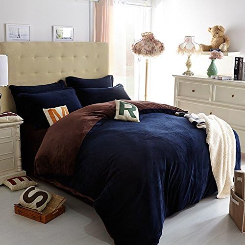 Yie Flannel Fleece Winter Thick Duvet cover sets- 4pcs-Duvet Cover&amp; Bedsheet&amp; two Pillowcases-Warm Bedding set (King size, Blue3)