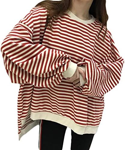 Qyyトレーナー レディース ボーダー柄 パーカー 丸首 ゆったり 倉 プルオーバー オーバーサイズ クルーネック カットソー バルーンスリーブ オシャレ トップス