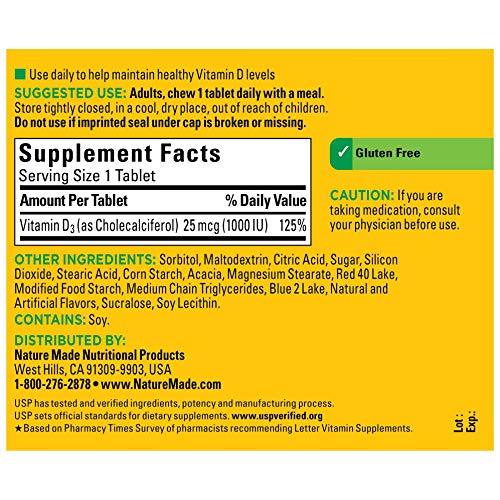 Nature Made Vitamin D3, 120 Chewable Tablets, Vitamin D 1000 IU (25 mcg