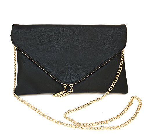 Women Large Envelop Clutch Bag Faux Leather Crossbody Messenger Chain Strap (Black)
