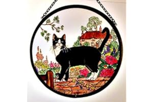 WINGED HEART Decorative Hand Printed Stained Glass Window Sun Catcher/Roundel in a Cottage Garden Cat Design.