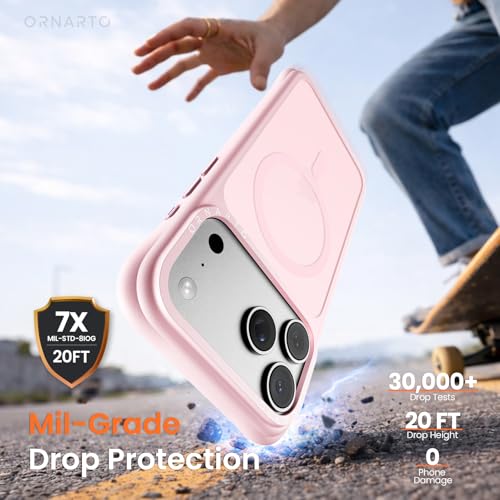 ORNARTO Magnetic for iPhone 17 Pro Case,20FT Military Grade Drop Shockproof Corner Protection,Compatible with MagSafe,Slim Translucent Matte iPhone 17 Pro Cover-Pink